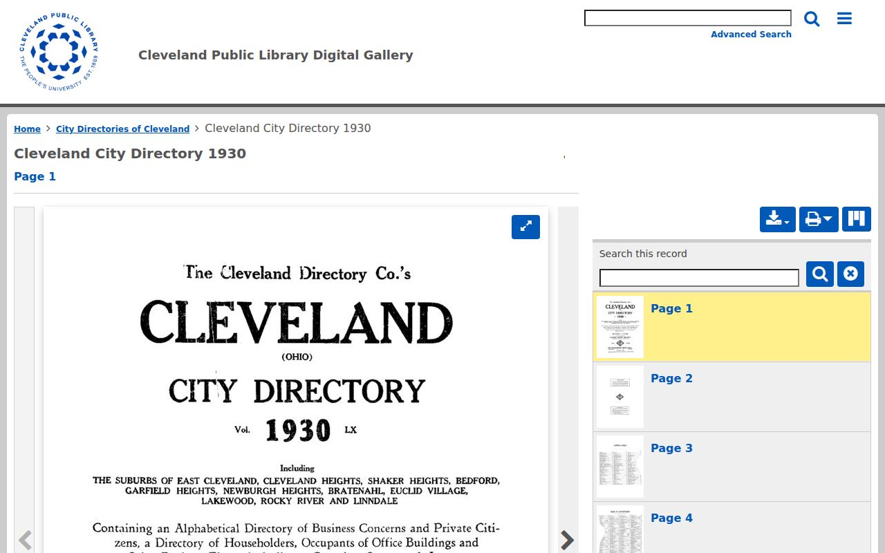 Shaker Heights city directory volume in Cleveland Public Library digital collection
