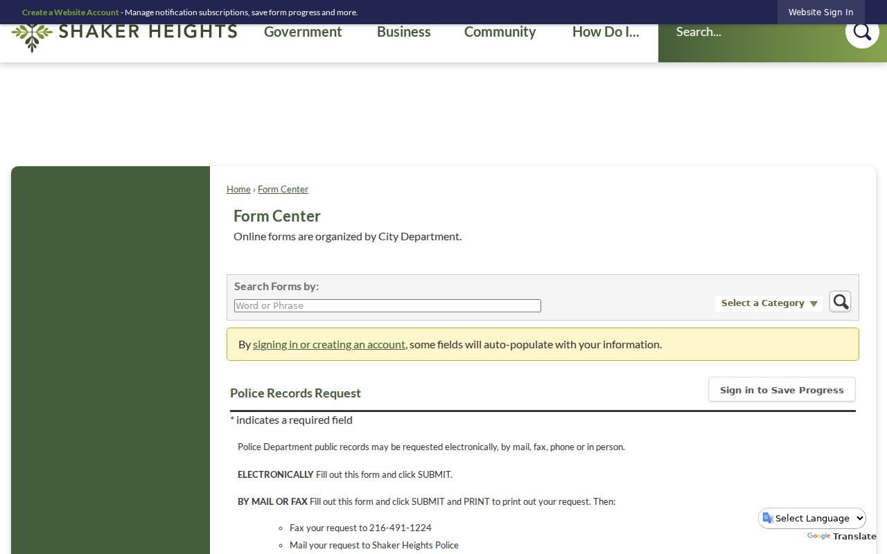 Shaker Heights neighbors police records request form
