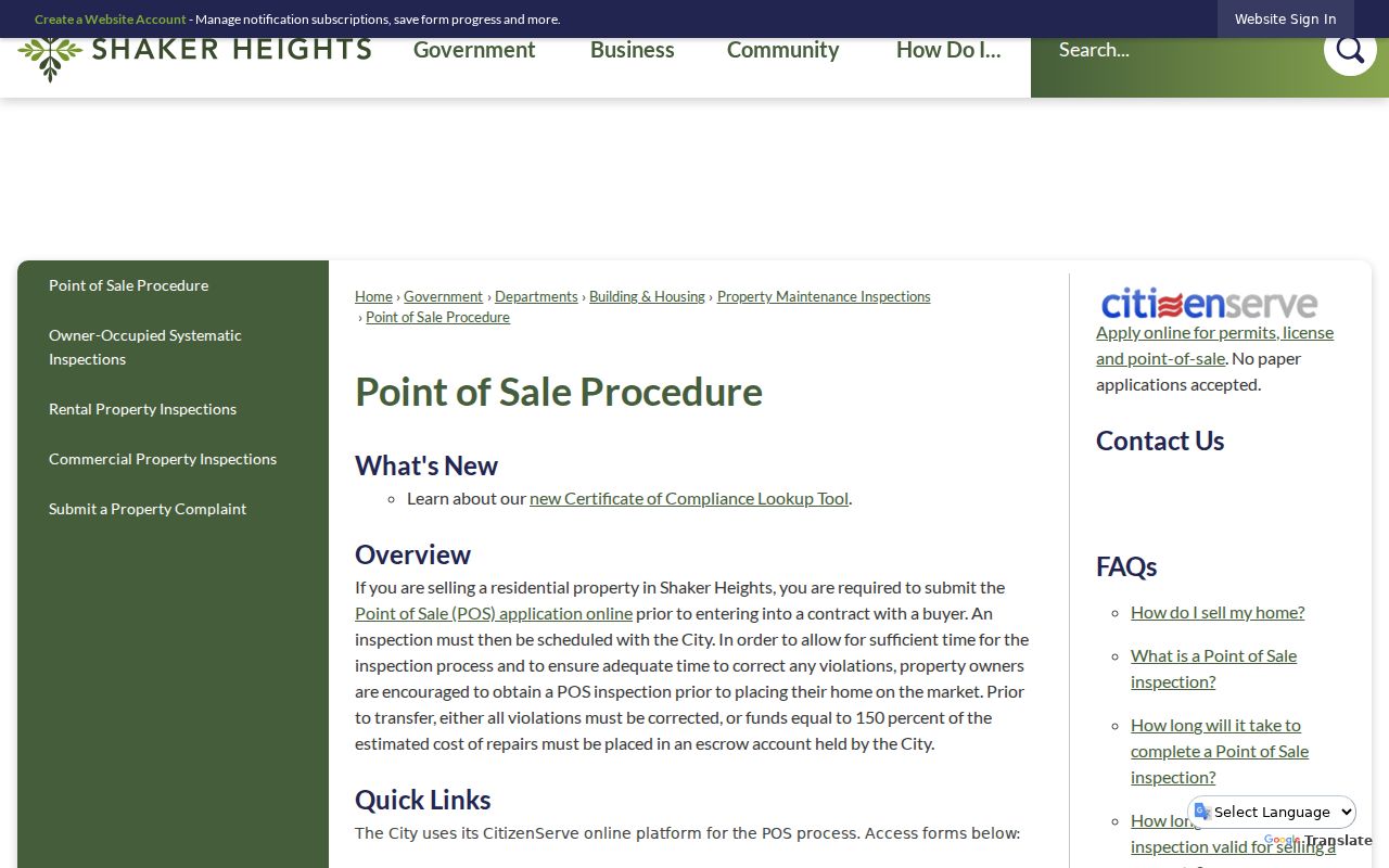 Shaker Heights street directory point-of-sale property procedure