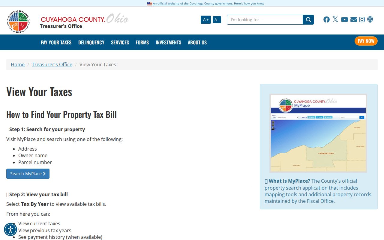 Shaker Heights street directory Cuyahoga County property tax lookup instructions